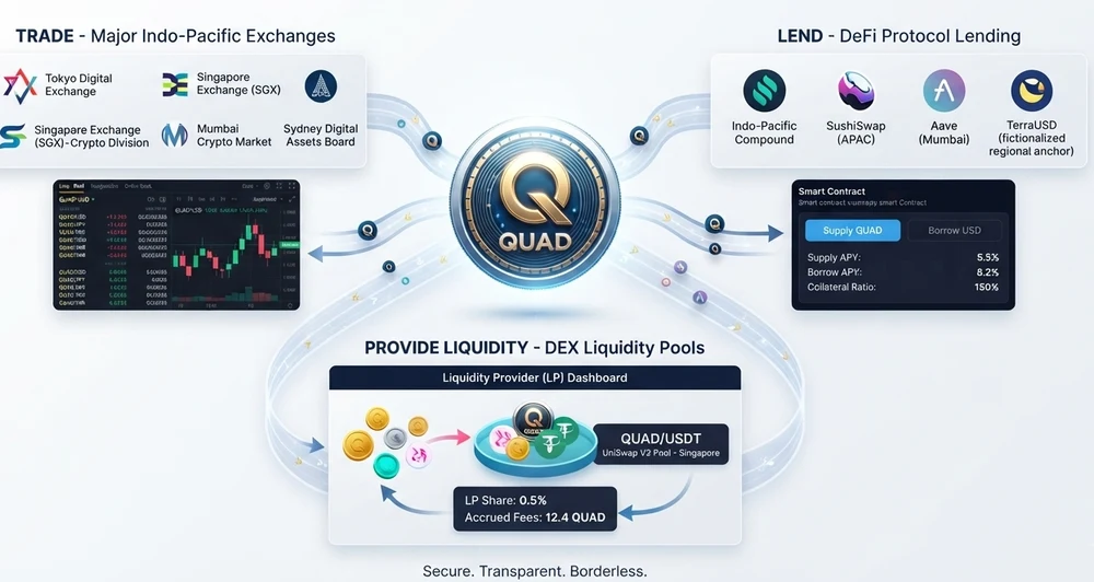 DeFi & Trading — the QUAD ecosystem across Indo-Pacific exchanges, DeFi lending protocols, and DEX liquidity pools