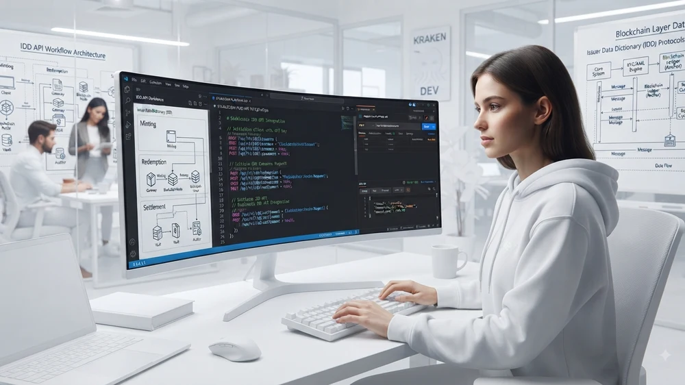 Developer APIs — a developer working with the IDD API workflow architecture, integrating minting, redemption, and settlement endpoints