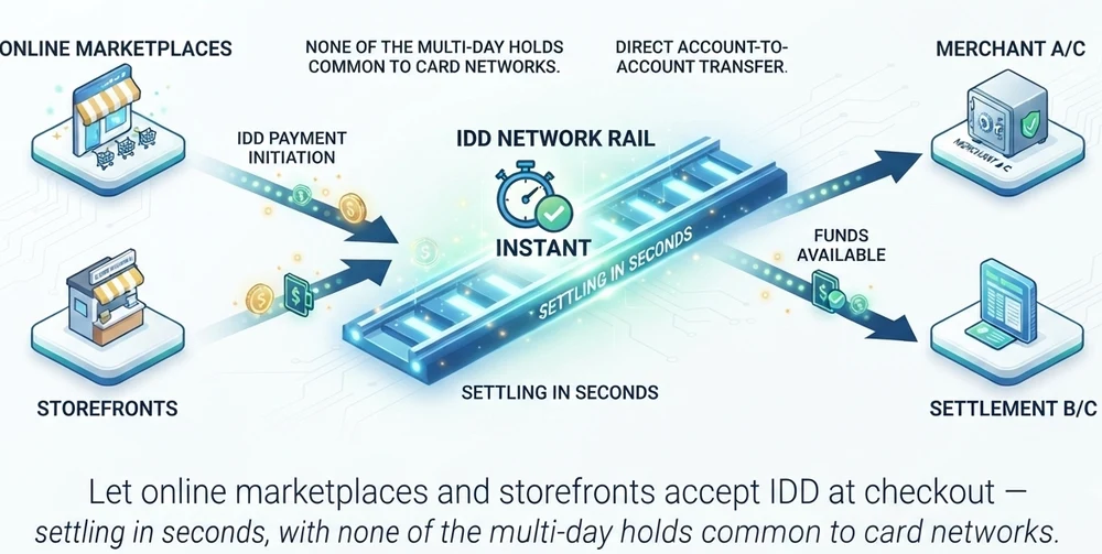 E-Commerce & Marketplace Checkout — online marketplaces and storefronts accepting IDD at checkout via the IDD network rail, settling in seconds