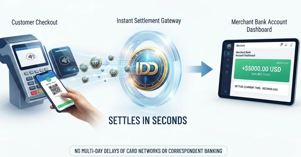 Merchant Settlement — customer checkout flows through the instant IDD settlement gateway into the merchant bank account dashboard, settling in seconds
