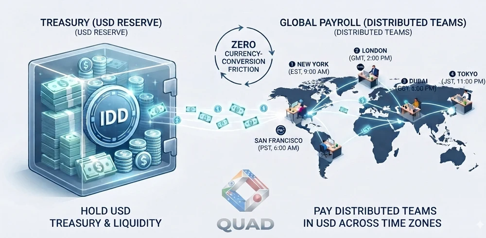 Treasury & Payroll — hold USD treasury and pay distributed global teams in USD across time zones with zero currency-conversion friction